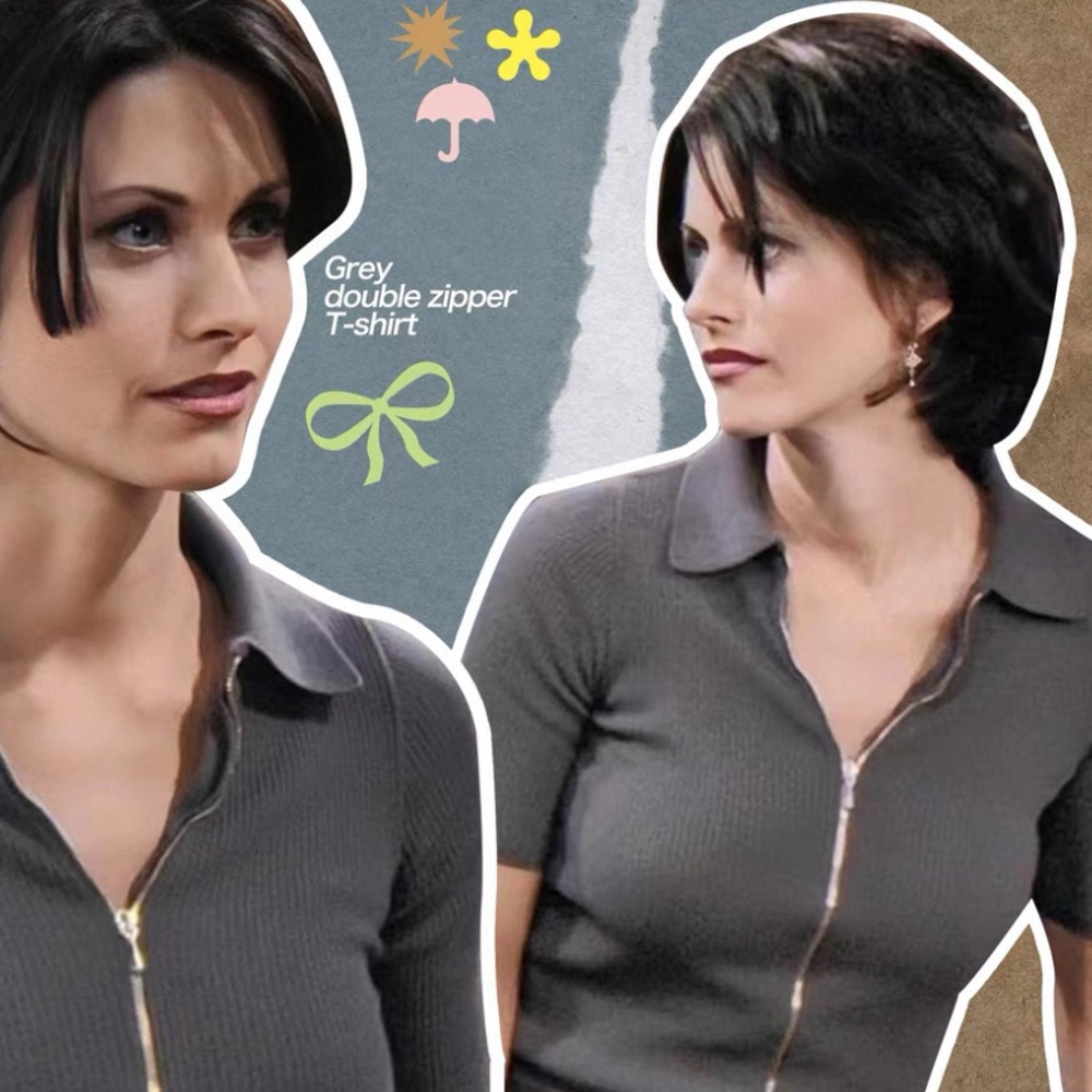 Monica Friends Gray Zip-Up Short Sleeve Top